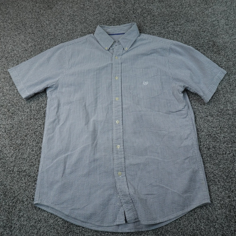 Chaps Shirt Mens M Blue Striped Seersucker Button Up Short Sleeve Crest Preppy
